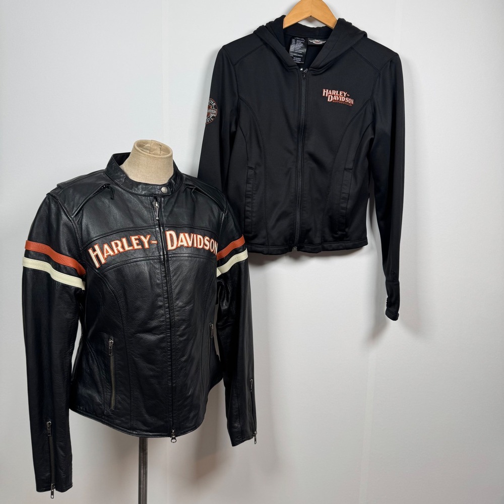 08 Harley Davidson Leather Jacket M Miss Enthusiast Hood Black Moto Biker Grunge